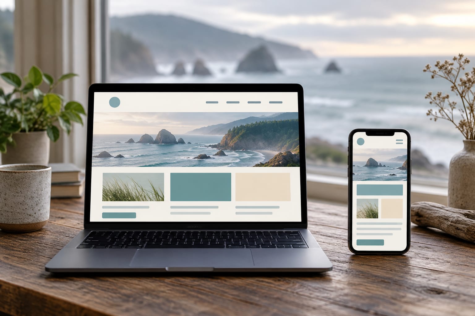 Laptop and phone on a wooden table showing a simple website layout, with the ocean behind